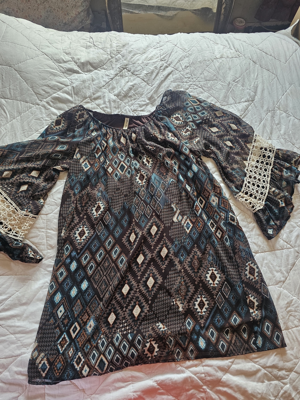 2tee Couture Teal & Brown Geometric Boho Western Dress with Cream Lace